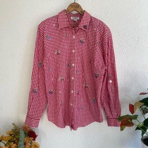 Vintage red gingham button up with embroidered flowers and fruit by Teddi